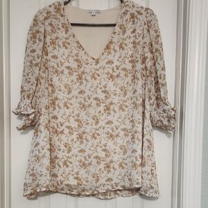 Floral V-Neck Blouse - Cream and Brown